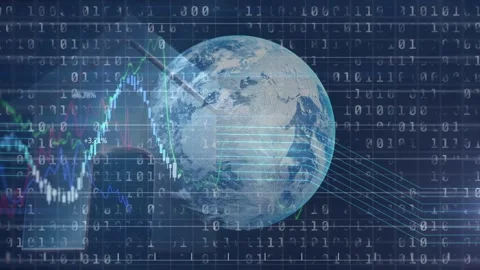 Receiving data feed, Earth globe rotating over dark grid, binary digits rising, Stock Footage 332821709