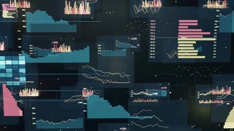 Receiving data feed, floating charts expanding on dark wall, teal areas, pink or Vídeo Stock 337505034