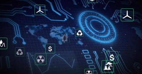 Receiving data feed, neon-blue HUD updating on world map grid dashboard, showing Stock Illustration