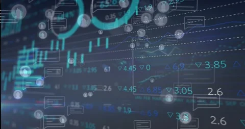 Receiving data, market UI panning right on navy gradient, showing teal candles Stock Footage 332296394