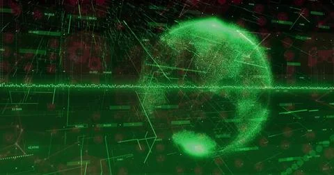 Receiving data, rotating holographic particle globe pulsing in 3D UI, showing Stock Illustration