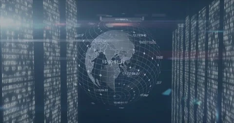 On receiving data stream 3D globe rotating and expanding grid with pulsing code Stock Footage 330664774