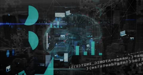 Receiving data stream hologram brain rising over racks nodes lighting teal pie 스톡 동영상 331161214