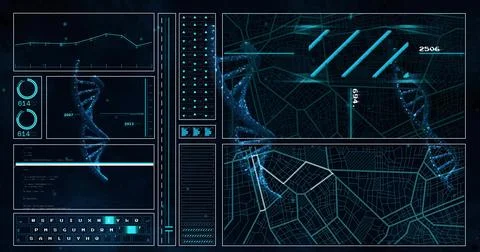 Receiving data update, composite HUD panel updating map and syncing DNA helix on Illustrazione stock