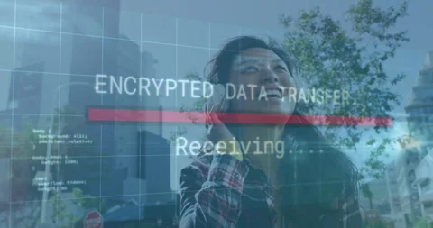 Receiving encrypted data, smiling woman outdoors with animation text overlay Stock Footage 304765227