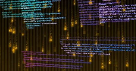 Receiving feed, code and lit money glyphs cascading in UI with amber streaks 写真素材