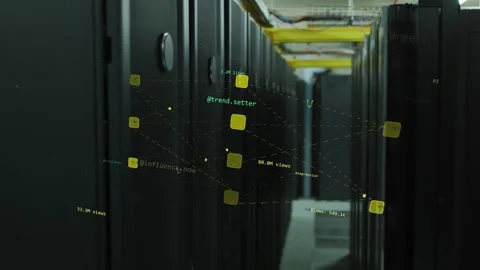 Receiving feed, racks projecting 3D node network in data center aisle showing 動画素材 332844054