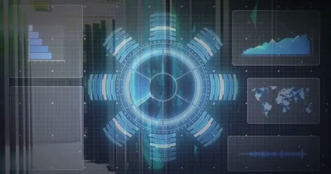 Receiving feed, tech ring rotating, sweeping arc pulsing nodes, updating code Stock Footage 331176349
