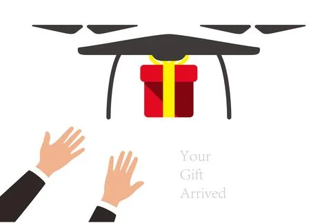 Receiving the gift from the drone, hands up Stock Illustration