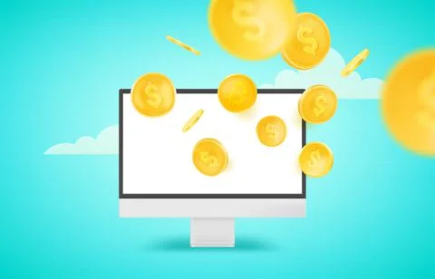 Receiving income using computer technology. Vector concept with gold coins Illustrazione stock