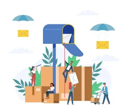 Receiving letter. Small people postmans and giant mailbox with letters, sorting Stock Illustration