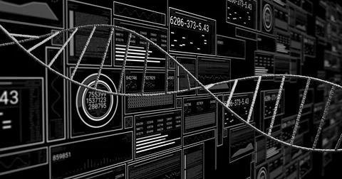 Receiving live data, analytics dashboard moving 3D DNA helix across wall, Illustrazione stock