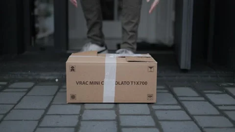 Receiving a parcel box from the courier at the door of your home 스톡 동영상 273138046