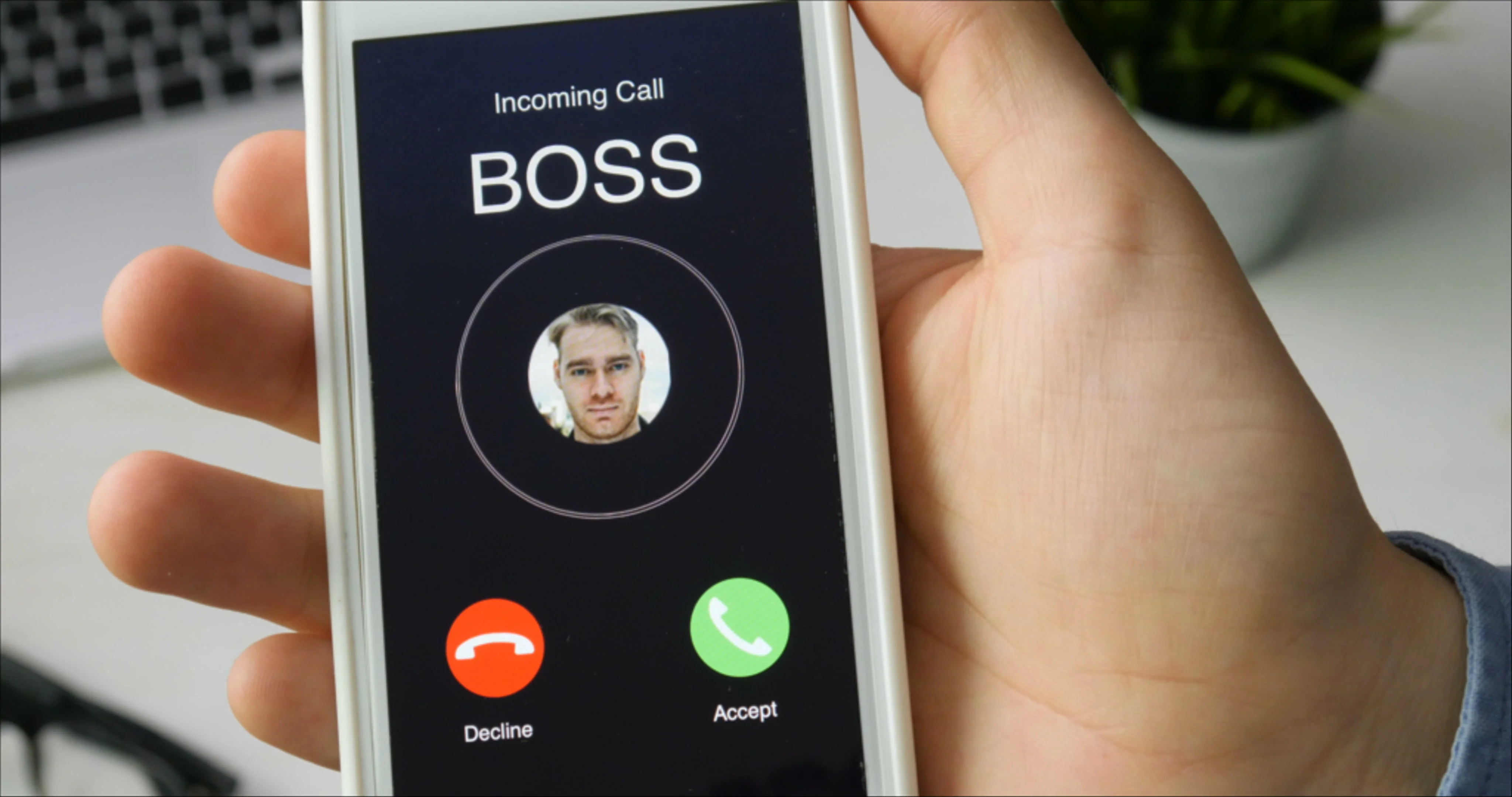 Receiving phone call from Boss and accepting. Mobile communication concept