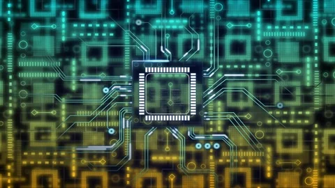 Receiving power, central chip brightening, sending glowing traces while nodes Stock Footage 335732070