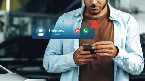 Receiving a scam call notification on a smartphone while standing outside Stock Photos