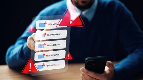 Receiving scam call sms messages with alert icons on a phone screen Stock Photos