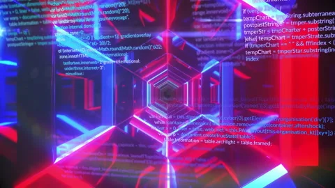 On receiving signal, hexagonal neon tunnel rotating while scrolling code Stock Footage 312656340