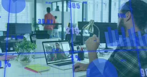Receiving update, bearded man sipping coffee reviewing data with coworker Stock Footage 327898426