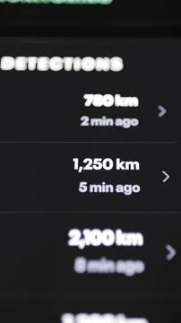 Recent detections list shows 780 1250 and 2300 kilometers Stock Photos