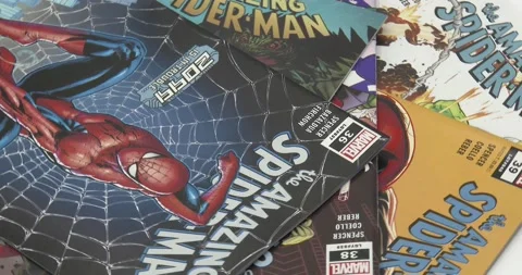 Recent Spider Man Comic Books rotating Stock Footage 132293351