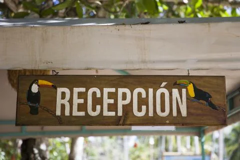 Recepcion sign at hotel in Colombia Stock Photos