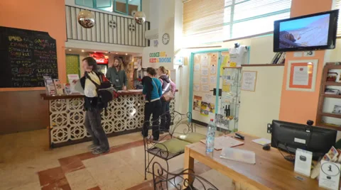 Reception area of a hostel in Jerusalem, Israel done in time lapse footage. Stock Footage 33722431