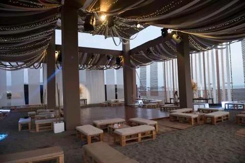 A reception atmosphere on a beach at sunset Stock Photos