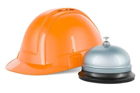 Reception bell with Construction Orange Hard Hat. 3D rendering Stock Illustration