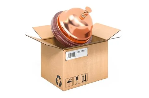 Reception bell inside cardboard box, delivery concept. 3D rendering 스톡 일러스트