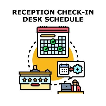 Reception check in desk scheduling and booking concept Stock Illustration