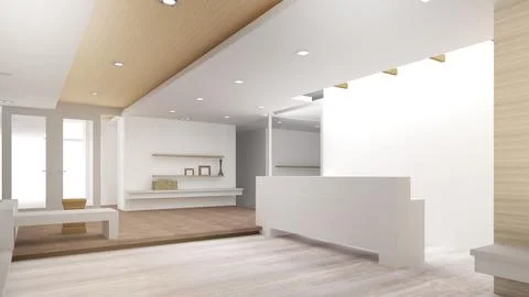 Reception counters and waiting seats in a small workplace,3d rendering Illustrazione stock
