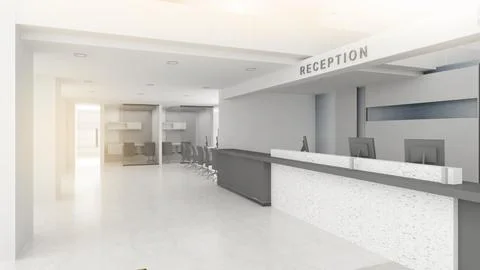 Reception counters and waiting seats in a small workplace,3d rendering Stock Illustration