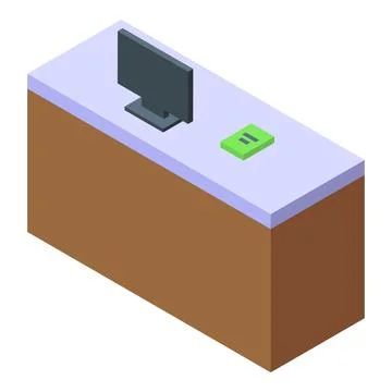 Reception desk with computer and payment terminal showing isometric projection Stock Illustration