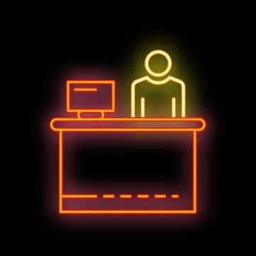 Reception desk with computer and receptionist neon sign on black background Stock Illustration