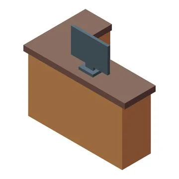 Reception desk with computer in isometric view featuring wooden structure Stock Illustration