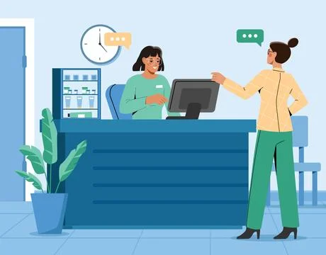 Reception desk interaction scene. Vector illustration Stockillustratie