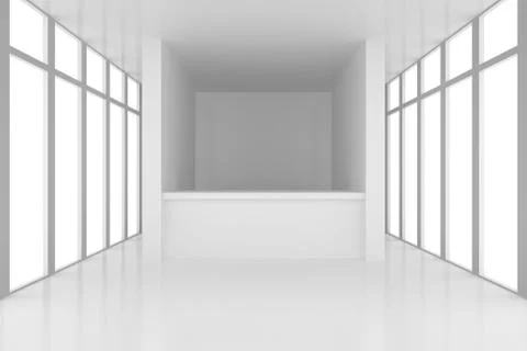 Reception desk in white room with windows. Illustrazione stock