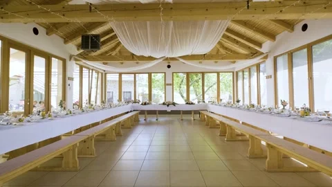 Reception Hall, Wedding Reception With White Sheer Fabric, Organza On Top. Stock Footage 258945997