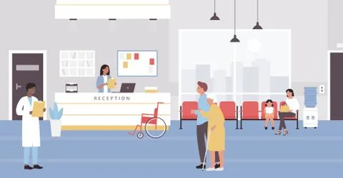 Reception hospital room flat vector illustration, cartoon patient characters Illustration