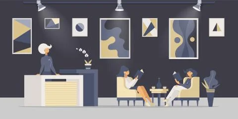 Reception, registration table flat vector illustrations. Receptionist and young Stock Illustration