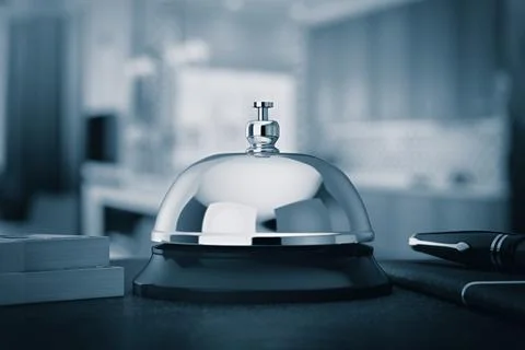 Reception Ring Alarm Service Bell on a Table in Blue Key. 3d Rendering Stock Illustration