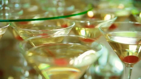 Reception table decoration fruit, cacke, champagne Stock Footage 82954691