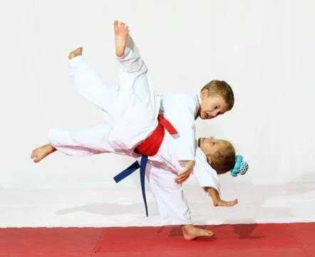 Receptions of self-defence  protecting from an attack a boy conducts a throw Stock Photos
