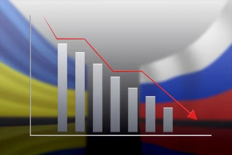 Recession chart and the state flags of Russia and Ukraine on a gray background. Stock Illustration