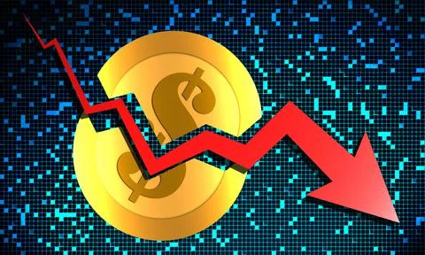 Recession concept with a red falling arrow cracking the gold dollar coin Stock Illustration