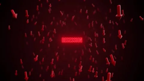 Recession Red Arrows on Dark Background Looped with RecessionText Stock Footage 265898223