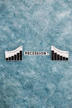 Recession text in between graphs with stats going up then going down, economi Stockfoto's