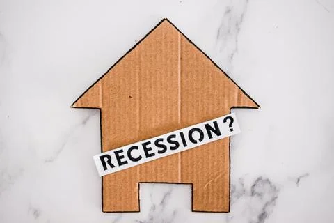 Recession text with question mark over house icon made of cardboard, post pan 스톡 사진