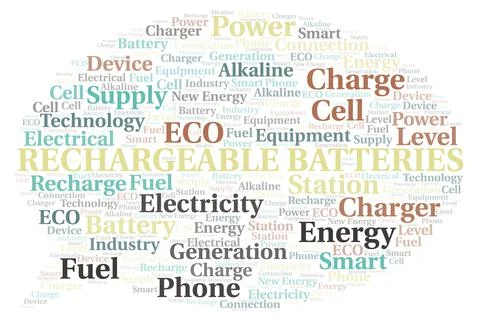 Rechargeable Batteries typography word cloud create with the text only. Stock Illustration